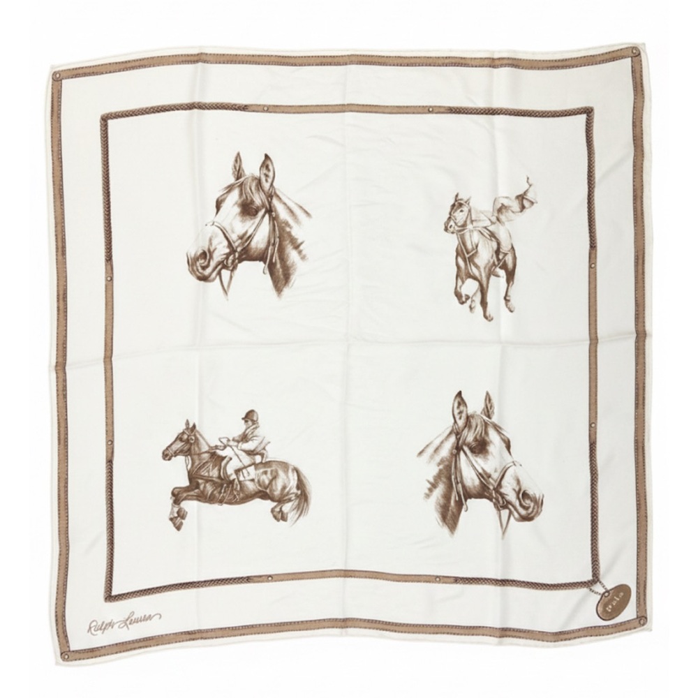 Polo Ralph Lauren Equestrian Silk Scarf Polo Horse Print Cream Brown - Picture 4 of 17